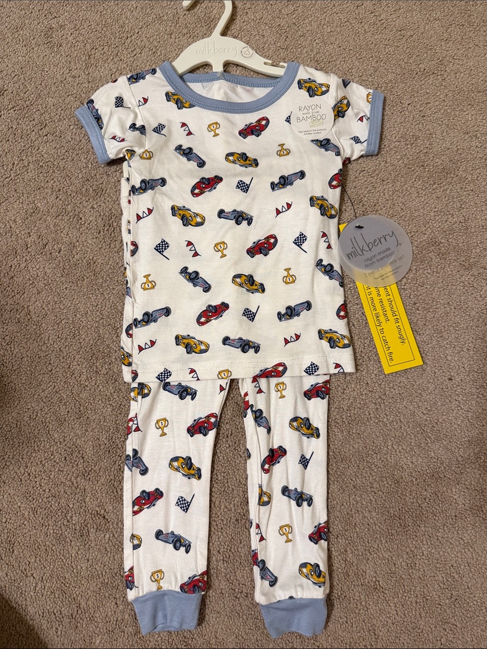 Milkberry White Race Car Kids Pajama Set with Light Blue Trim